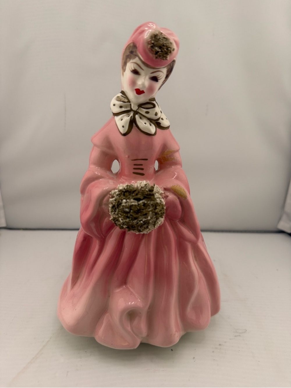 Vintage Ceramic Planter Vase Lady Dressed in Pink w/Bonnet